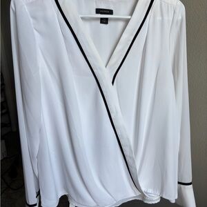 White Wrap Blouse with Black Trim
